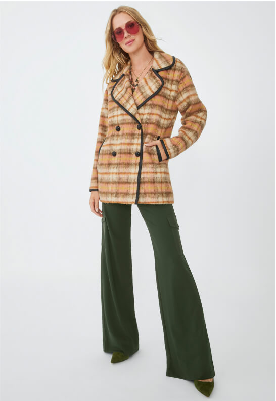 Model wearing Ethos coat in Plaid Cheer, Chargo in Olive, and Hanover Necklace in Gold.