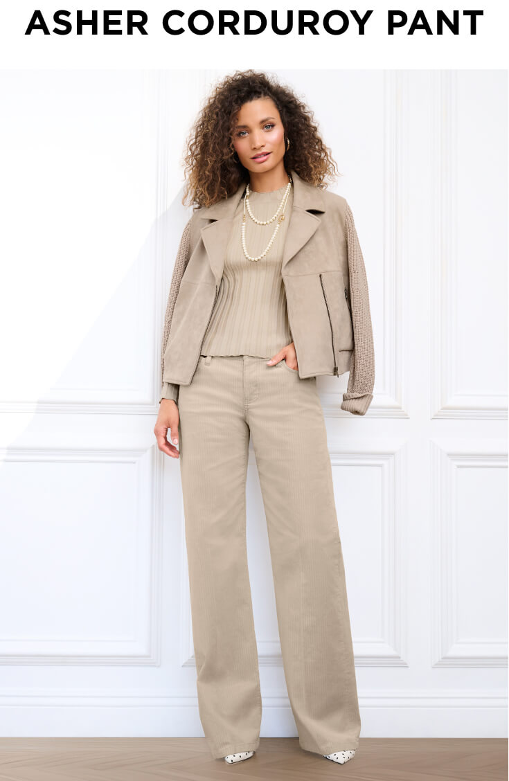 Model wearing Asher Corduroy Pant in Platinum, Palladium Bomber in Platinum, Contour Turtleneck Platinum, Asher Corduroy Pant in Platinum, Chain Hoop Earrings in Gold, and Superstar Necklace in Gold.