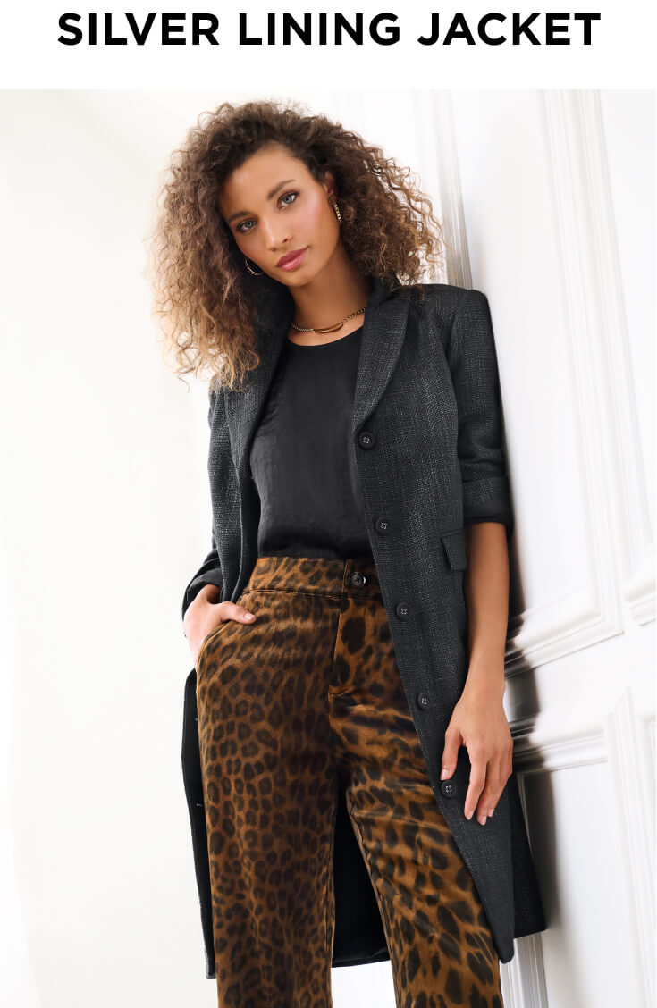 Model wearing Silver Lining Jacket in Silver Lining, Veil Top in Black, Party Pant in Leopard, Chain Hoop Earrings in Gold and Alias Necklace in Gold.