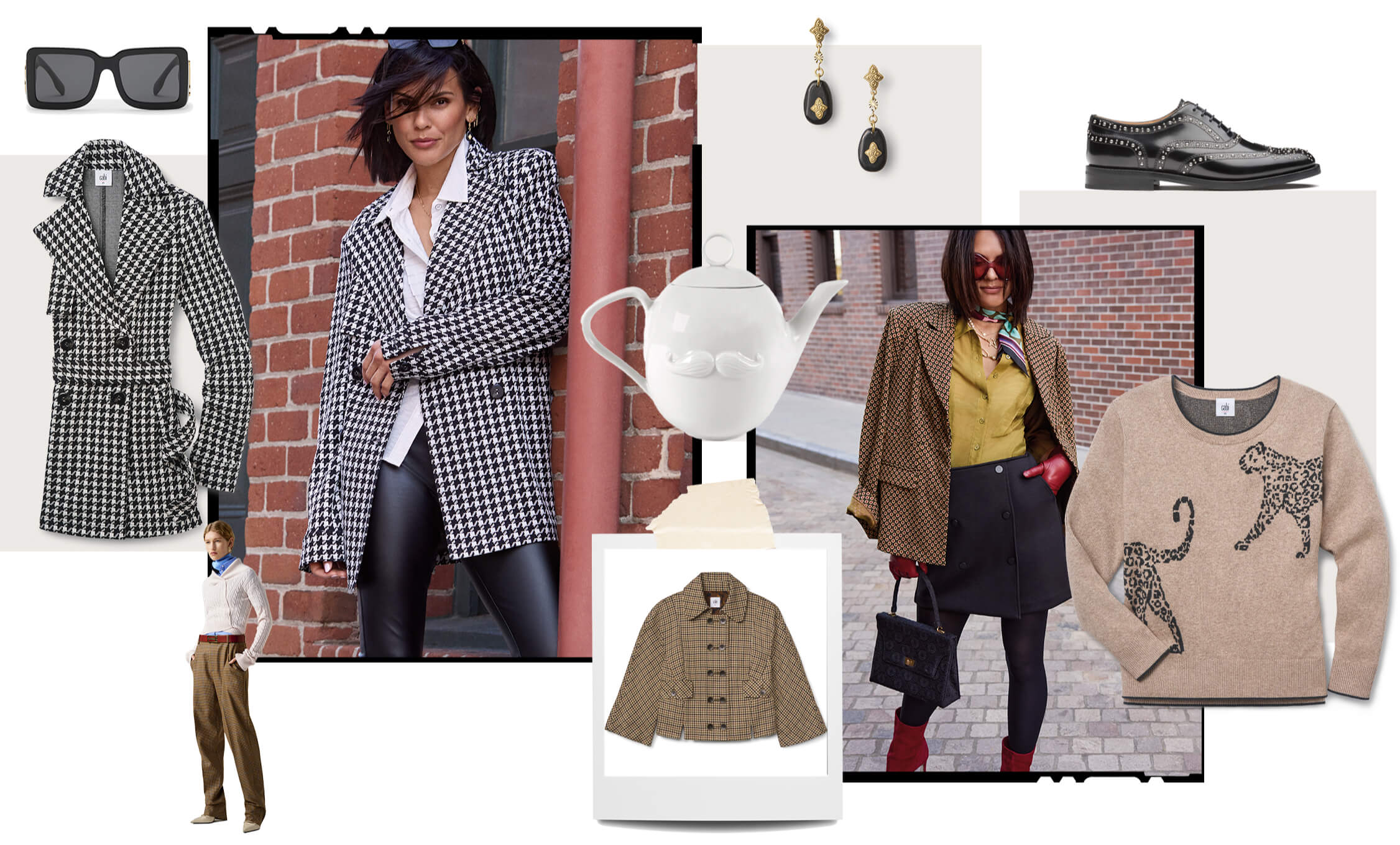 Models wearing the Passport Trench in Houndstooth, the Tuxedo Top in White, the Tomboy Legging in Black, the Hanover Earrings in Gold, the Hanover Necklace in Gold, the Spotty Scarf in Polka Dot, the Dandy Blazer in Peppercorn, the Portrait Blouse in Olive, the Diplomat Skirt in Black and the Superstar Necklace in Gold.