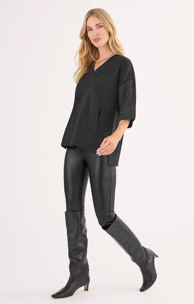 Model wearing Forty Winks Sweater in Heather Charcoal, and Tomboy Legging in Black.