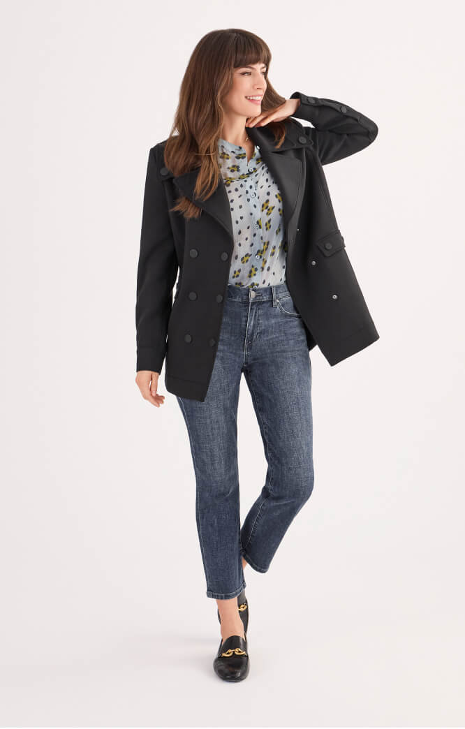 Model wearing Diplomat Jacket in Black, Hunter Blouse in Puma, and Soho Jean in Vintage Wash.