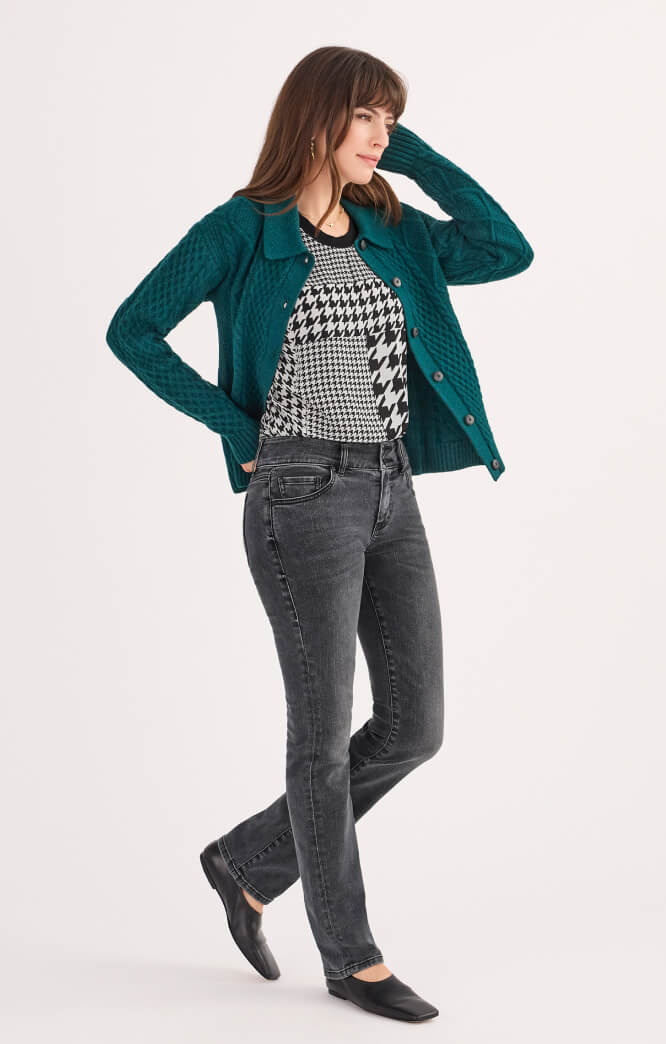 Model wearing Peacock Cardigan in Deep Teal, New Complete Top in Black and White, and Cinch Straight in Washed Black.