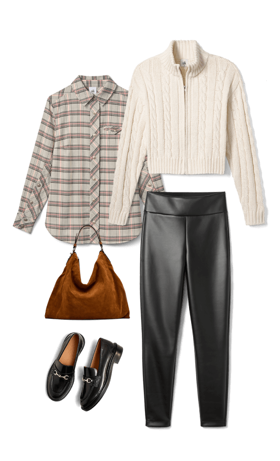 Look with Treasure Cardigan in Black, Chilling Pant in Black, Twist Belt in Black and Brown, a gold purse, and gold tie-up sandals.