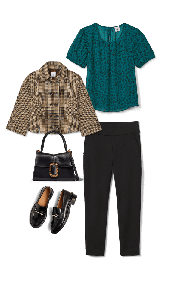 Look with Treasure Cardigan in Black, Chilling Pant in Black, Twist Belt in Black and Brown, a gold purse, and gold tie-up sandals.