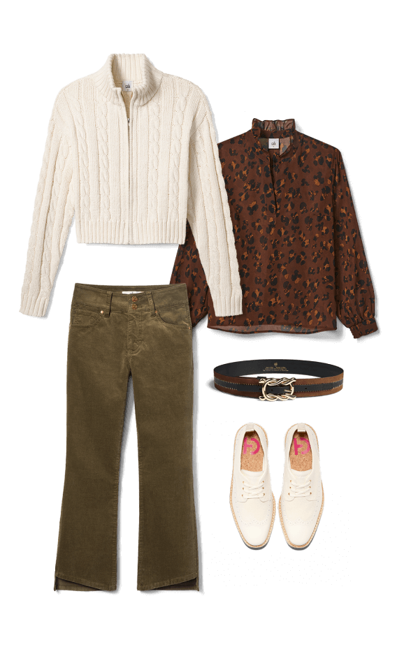 Look with Treasure Cardigan in Black, Chilling Pant in Black, Twist Belt in Black and Brown, a gold purse, and gold tie-up sandals.