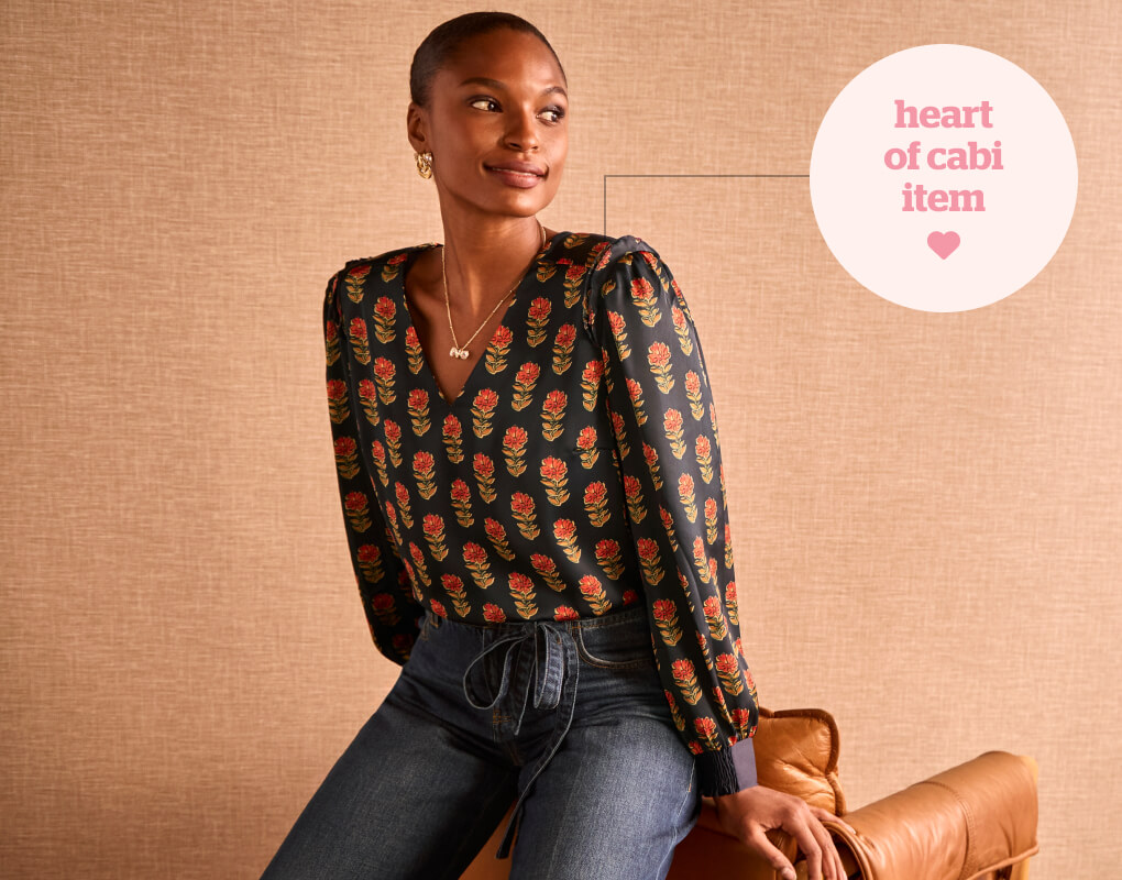 Model wearing the new Brit Blouse, the Heart of cabi Item for Fall 2025